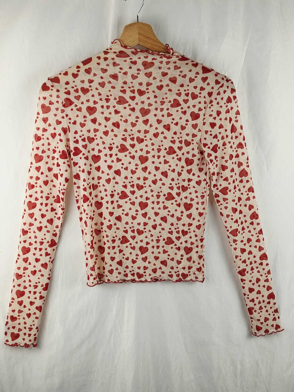 Shein Long Sleeve Sheer Heart Print Mock Neck Lettuce Edge Trim Top Size Small